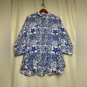 Boho Chic 100% Linen Blue Button Down Tunic Womens XL Artsy Floral Beachy